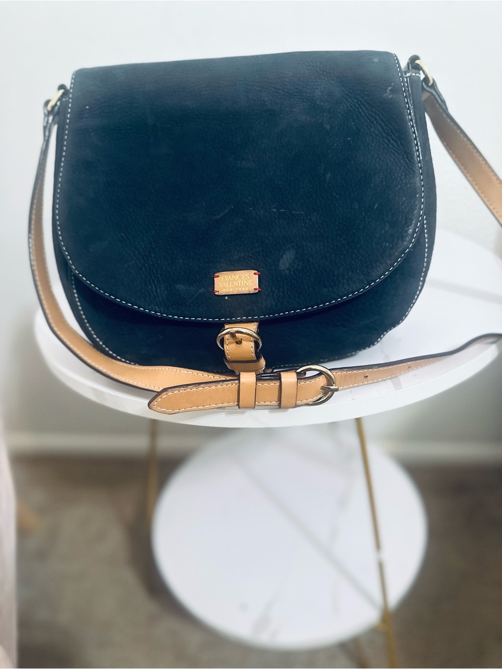 Frances Valentine Navy Blue Leather Saddle Crossbody with Tan Strap